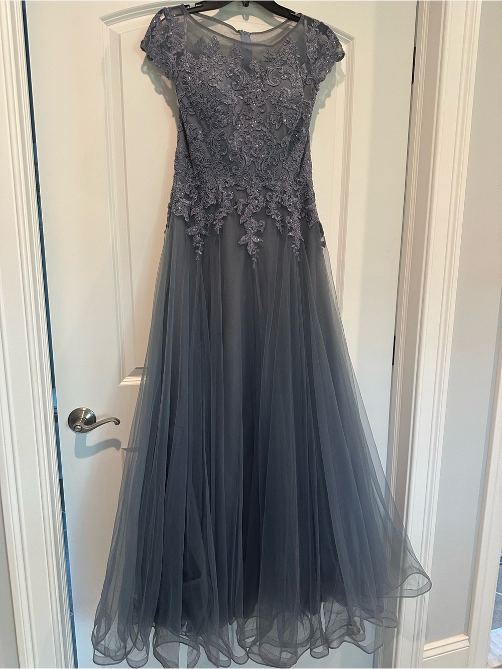 LA FEMME Tulle A Line Evening Gown Size 8 Smoky Blue Small Flaw